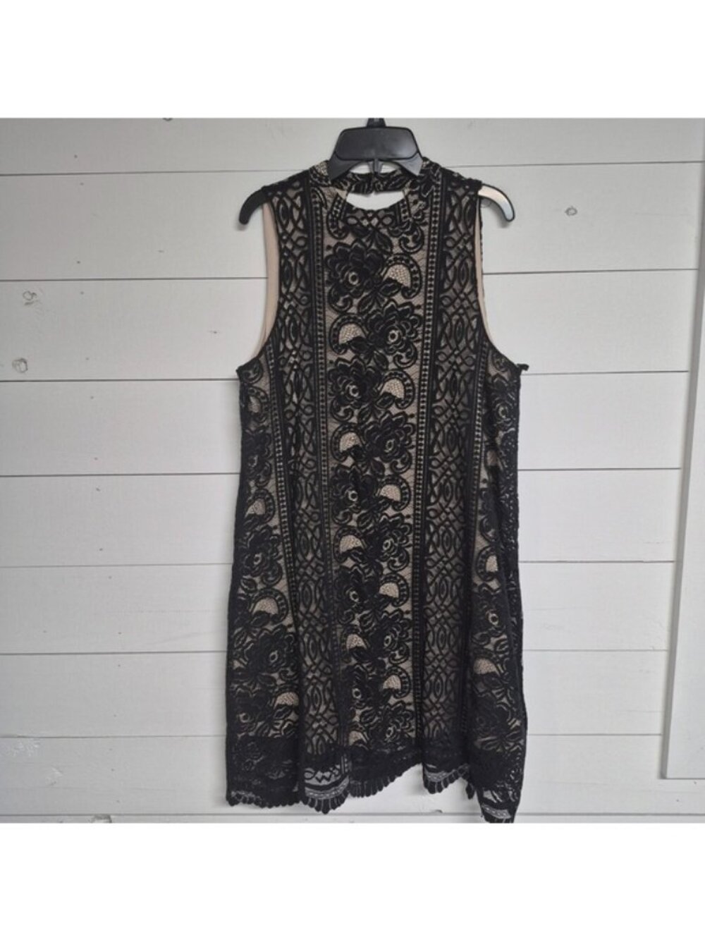 Love Fire Black Lace Sleeveless Dress With Nude Lining Floral Pattern High Neck‎